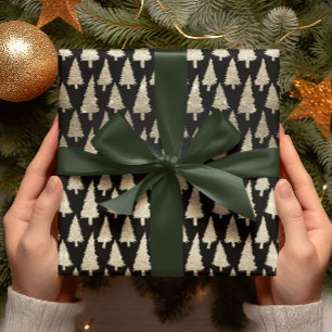 Metallic 14k Gold Glitter Xmas Trees on Black Gift Wrapping Paper