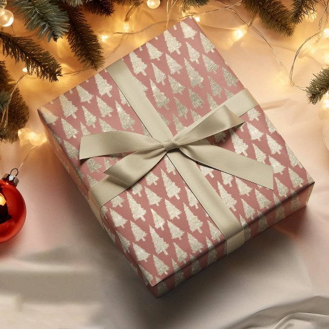 Metallic 14k Gold Glitter Xmas Trees on Rose Gift Wrapping Paper (Creator Uploaded)