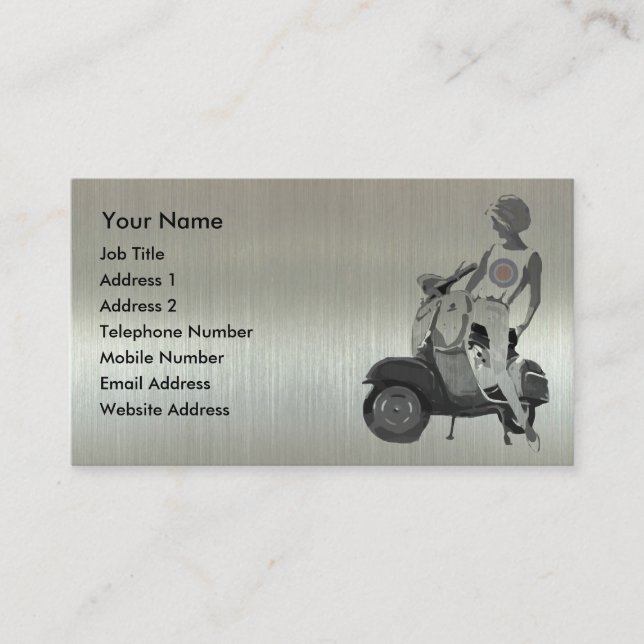 Metallic aluminium effect scooter girl business card (Front)