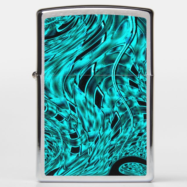 Metallic and crooked illusion, vivid cyan image zippo lighter (Front)
