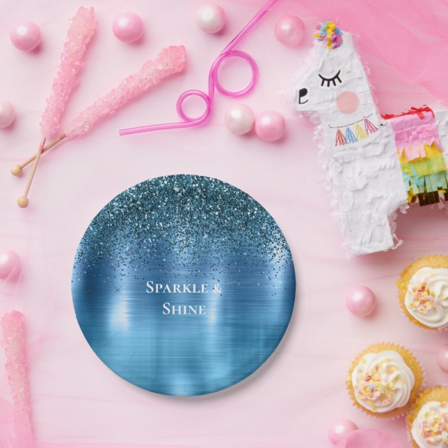 Metallic Aqua Blue Glitter Paper Plates (Party)