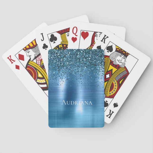 Metallic Aqua Blue Glitter Poker Cards (Back)