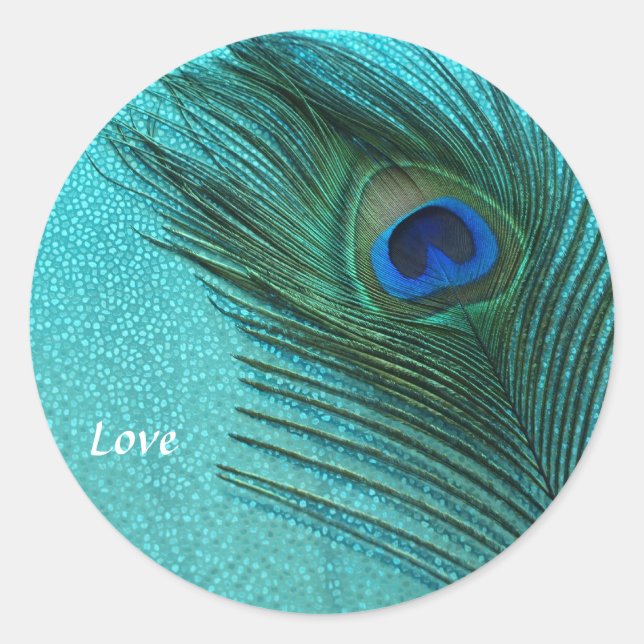 Metallic Aqua Blue Peacock Feather Classic Round Sticker (Front)