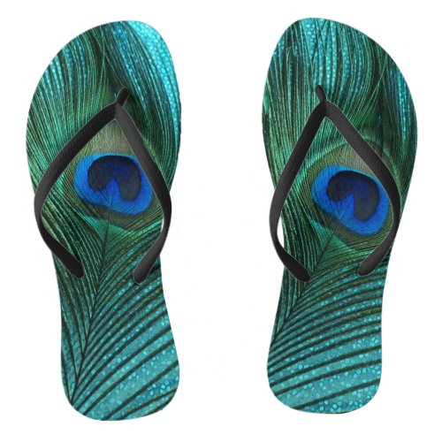 Metallic Aqua Blue Peacock Feather Flip Flops