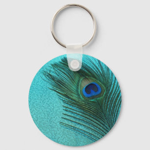 Metallic Aqua Blue Peacock Feather Keychain