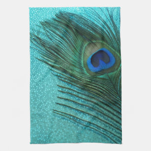 Metallic Aqua Blue Peacock Feather Kitchen Towel