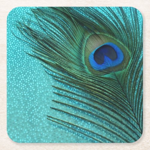 Metallic Aqua Blue Peacock Feather Square Paper Coaster