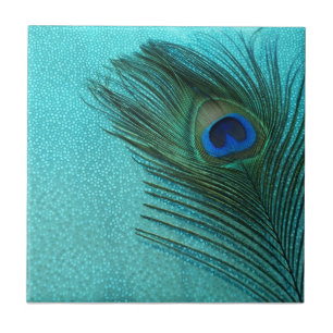 Metallic Aqua Blue Peacock Feather Tile