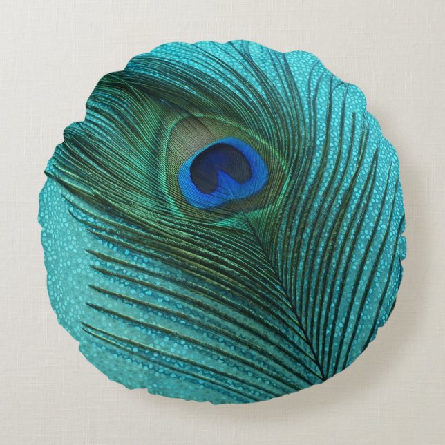 Metallic Aqua Blue Peacock Round Pillow (Front)