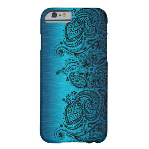 Metallic Aqua Blue With Black Paisley Lace Barely There iPhone 6 Case