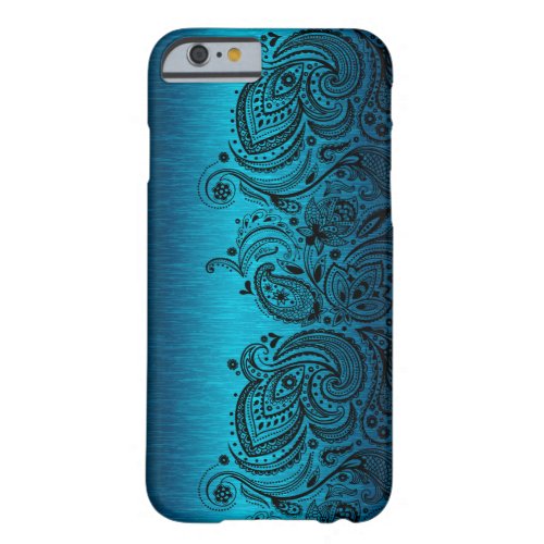 Metallic Aqua Blue With Black Paisley Lace Barely There iPhone 6 Case