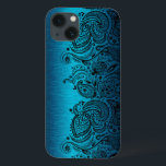 Metallic Aqua Blue With Black Paisley Lace iPhone 13 Case<br><div class="desc">Black aqua blue metallic design brushed aluminum look with black floral paisley lace.</div>