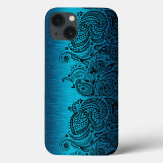 Metallic Aqua Blue With Black Paisley Lace iPhone 13 Case