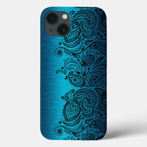 Metallic Aqua Blue With Black Paisley Lace iPhone 13 Case