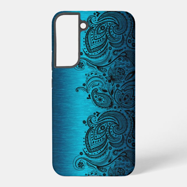 Metallic Aqua Blue With Black Paisley Lace Samsung Galaxy Case (Back)