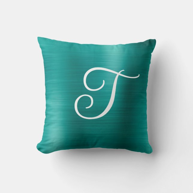 Metallic Aqua Teal Curly Monogram Throw Pillow (Front)