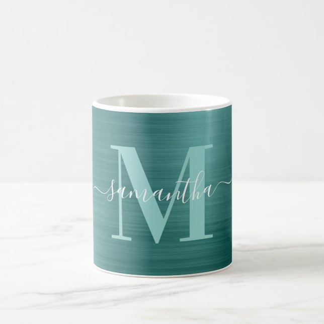 Metallic Aqua Teal Signature Monogram Coffee Mug (Center)