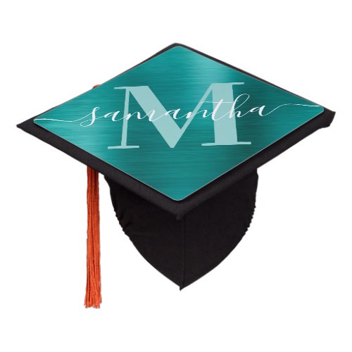 Metallic Aqua Teal Signature Monogram Graduation Cap Topper