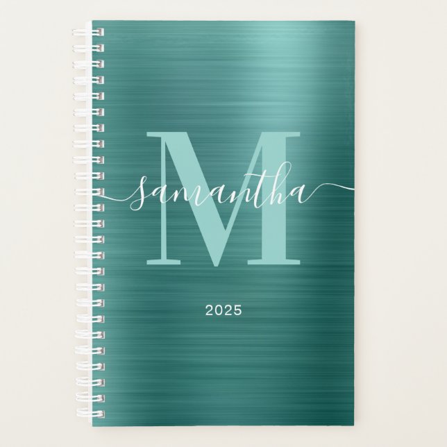 Metallic Aqua Teal Signature Monogram Planner (Front)