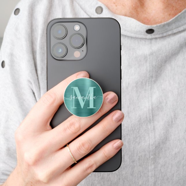 Metallic Aqua Teal Signature Monogram PopSocket (Hand)