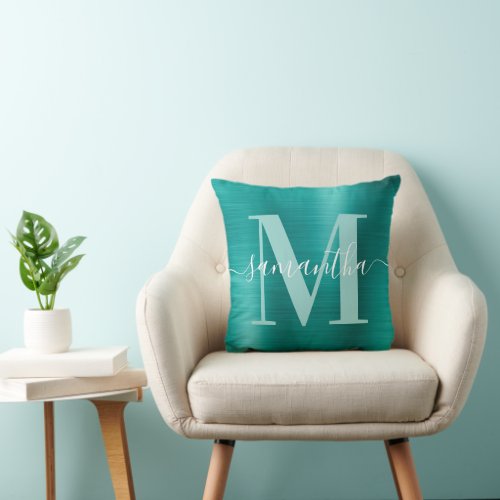 Metallic Aqua Teal Signature Monogram Throw Pillow