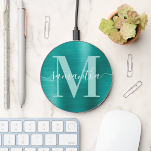 Metallic Aqua Teal Signature Monogram Wireless Charger