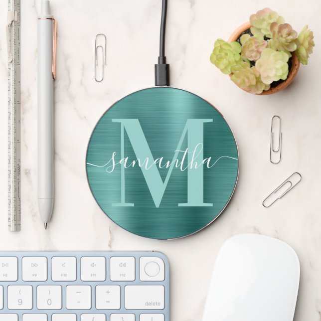 Metallic Aqua Teal Signature Monogram Wireless Charger (Desk)