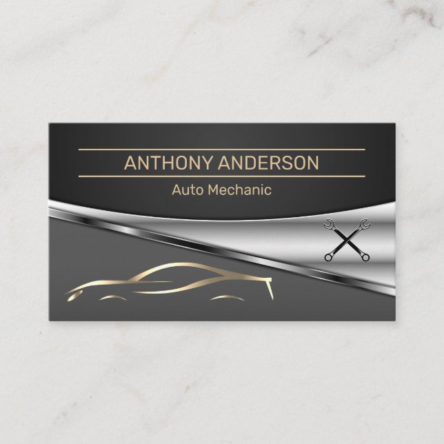 Metallic Background | Sports Car Wrenches Business Card (Front)