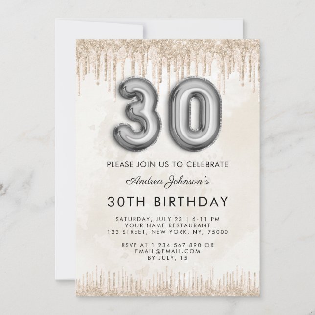 Metallic Balloon Number 30th Birthday Marble Cream Invitation (Front)