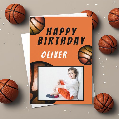 Metallic Basketball Happy Birthday Photo Card