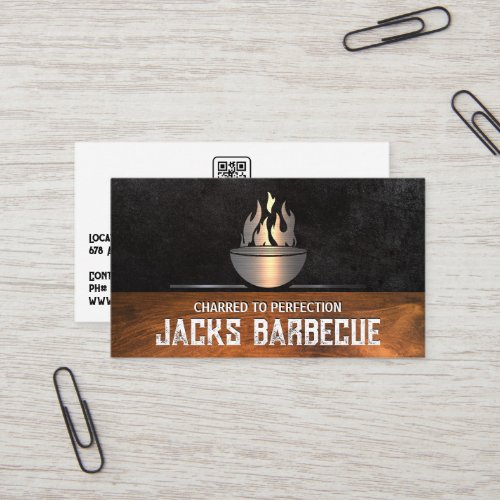 Metallic Bbq Logo  Sleek Black  Wood Trim Business Card