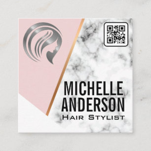 Metallic Beauty QR Code Pink Marble Square Business Card