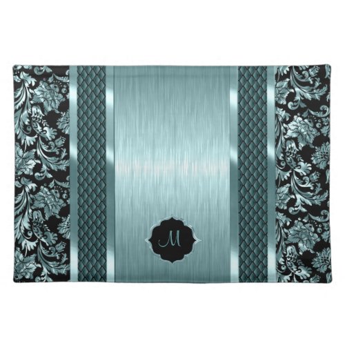 Metallic Black And Green Damasks And Aluminum Look Cloth Placemat