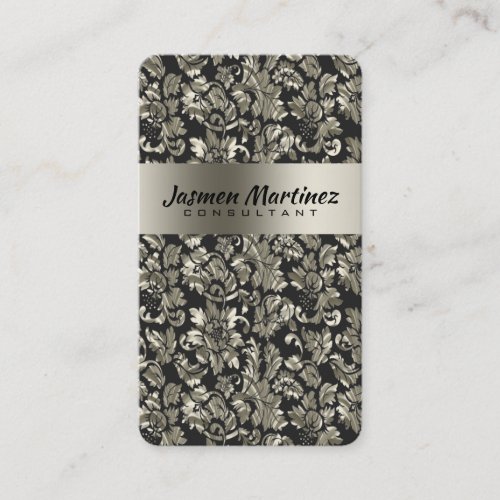 Metallic Black And  Old Silver Tone Floral Damasks Business Card