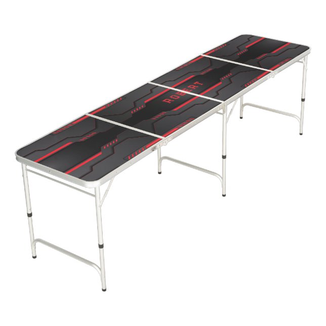 Metallic black and red geometric design beer pong table (Angled)