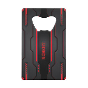 Metallic black and red geometric design credit card bottle opener