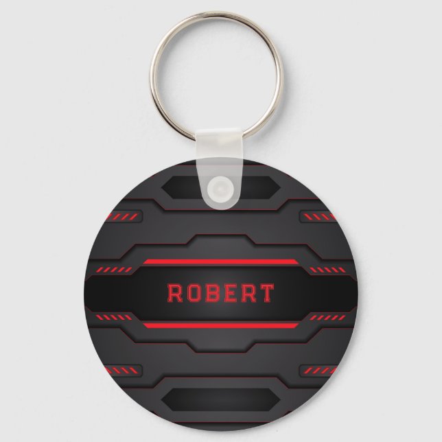 Metallic black and red geometric design keychain (Front)