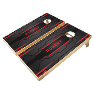 Metallic black and red geometric design keychain cornhole set