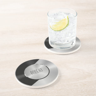 Metallic black and silver geometric design coaster