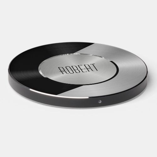 Metallic black and silver geometric design wireless charger 