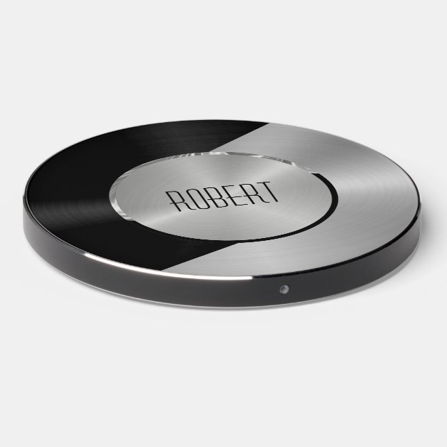 Metallic black and silver geometric design wireless charger  (Front 2)