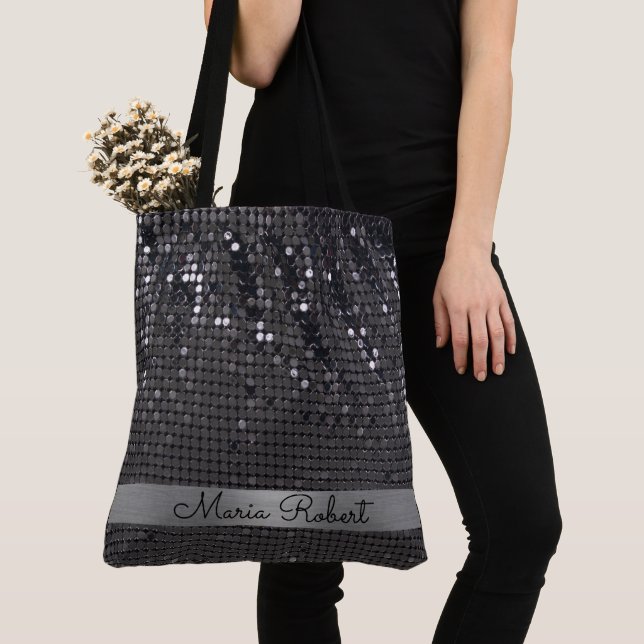 Metallic Black Glitter Girly Glam Personalized Tote Bag (Close Up)