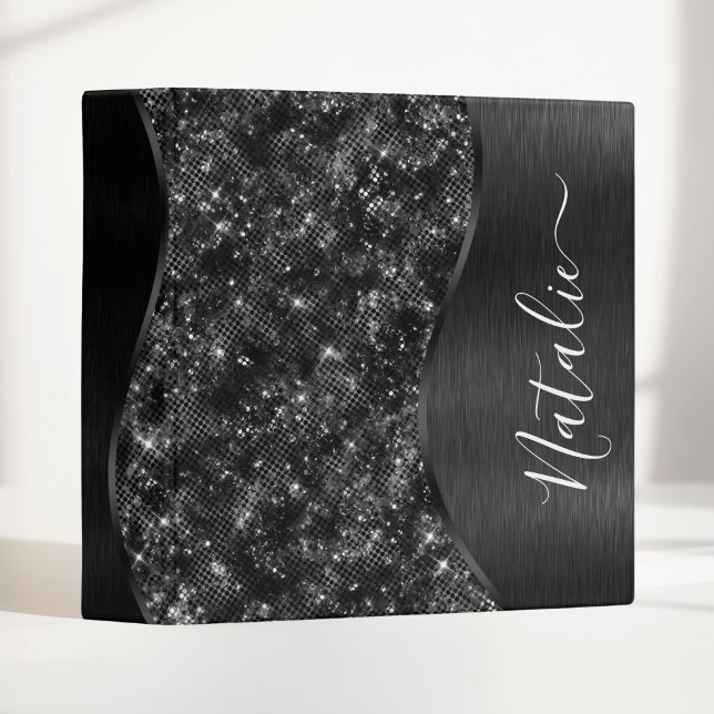 Metallic Black Glitter Personalized 3 Ring Binder (Creator Uploaded)