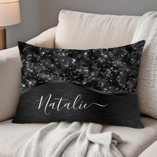 Metallic Black Glitter Personalized Accent Pillow
