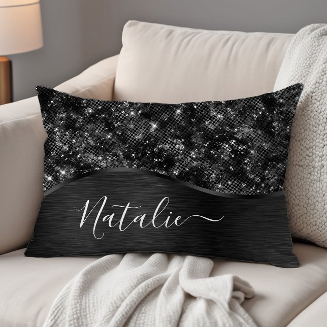 Metallic Black Glitter Personalized Accent Pillow (Creator Uploaded)