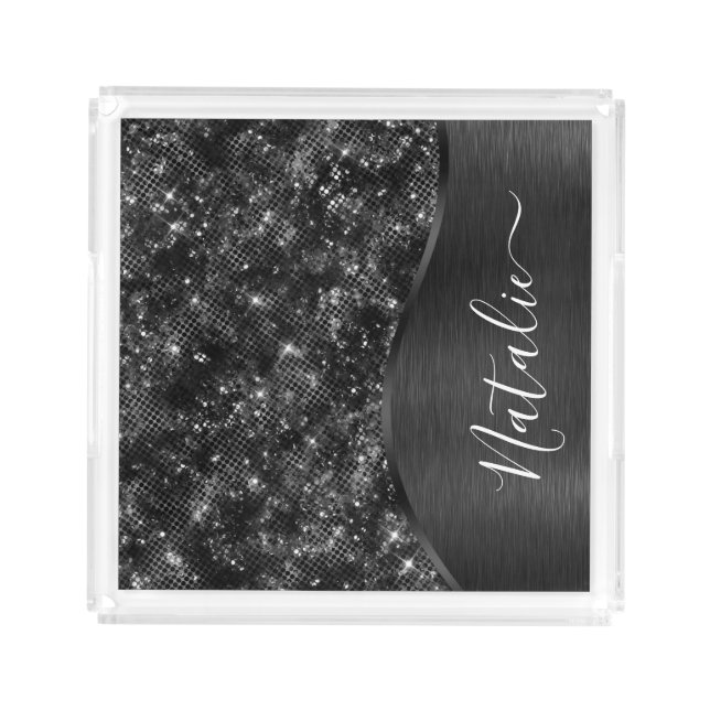 Metallic Black Glitter Personalized Acrylic Tray (Front)