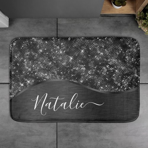 Metallic Black Glitter Personalized Bath Mat