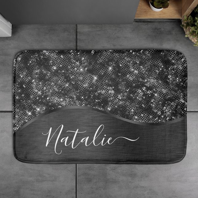 Metallic Black Glitter Personalized Bath Mat (Creator Uploaded)
