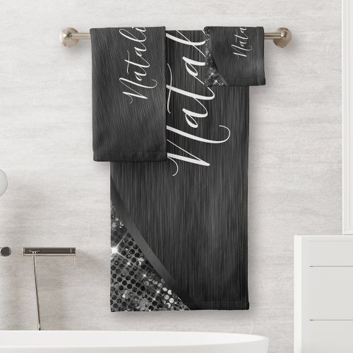 Metallic Black Glitter Personalized Bath Towel Set