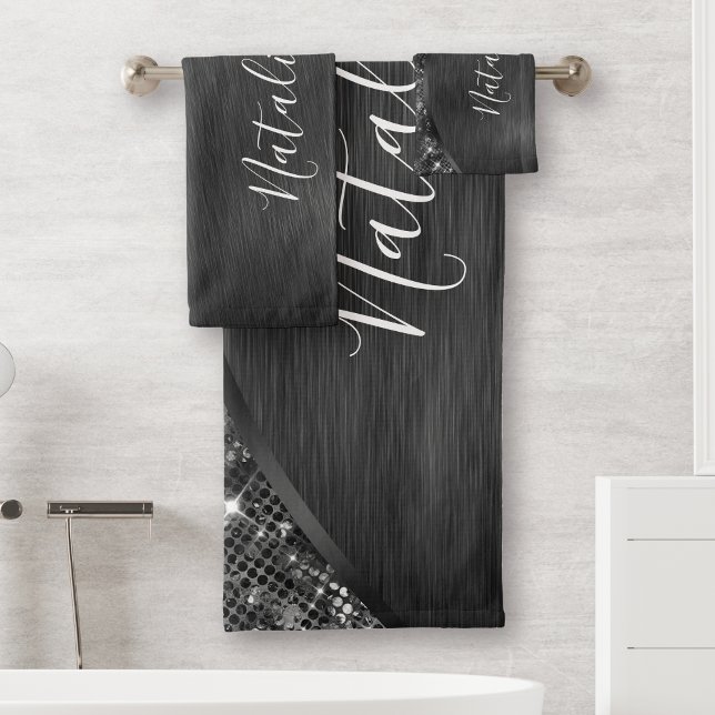 Metallic Black Glitter Personalized Bath Towel Set (Creator Uploaded)